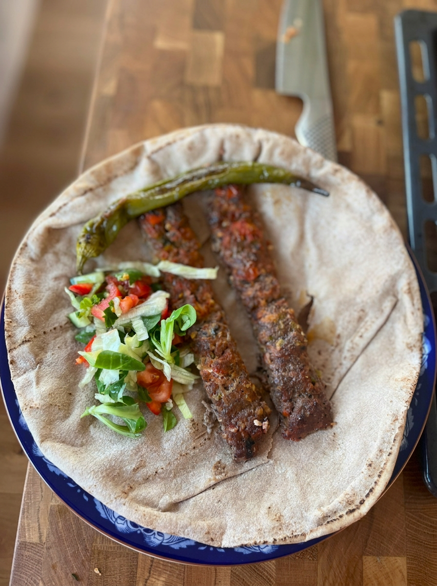 Hemlagade köfte på tunnbröd med tomatsalsa, sallad och grillad grön chili