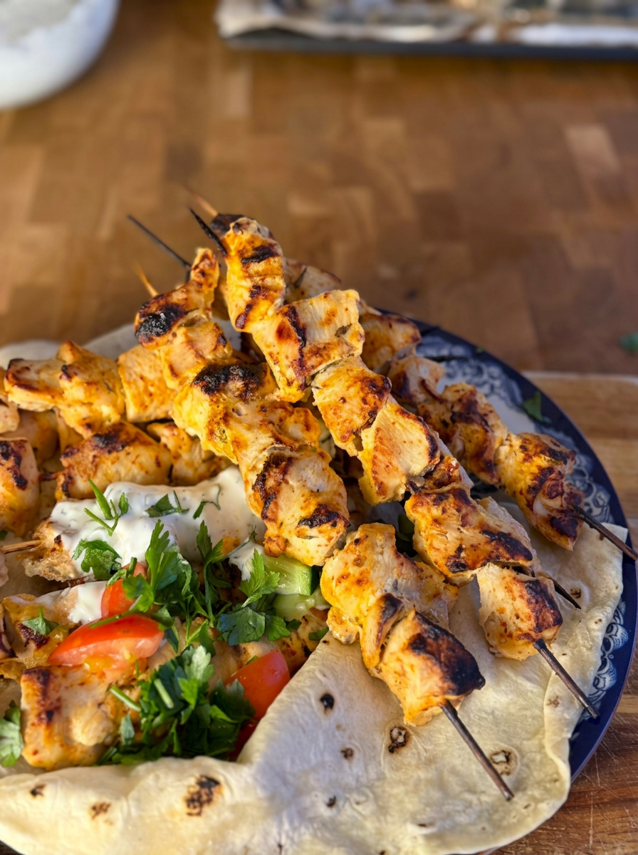 Grillade kycklingspett på tunnbröd med vitlöksyoghurt, tomat och persilja