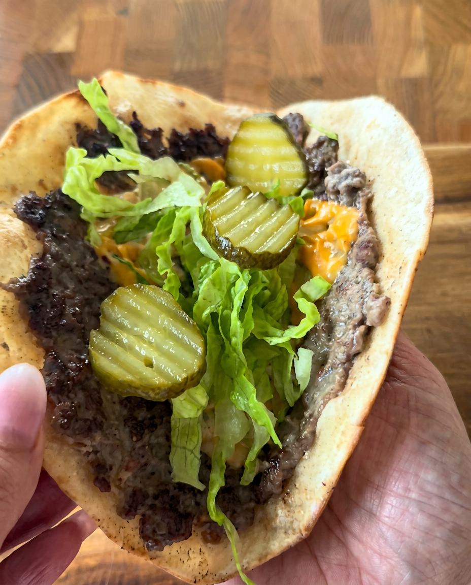 Nybakat tunnbröd fyllt med kryddig köttfärs, sallad och inlagd gurka